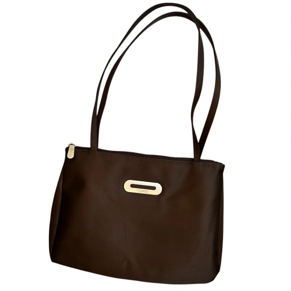 ESPRIT VINTAGE 90’s Women’s Minimalist Shoulder Bag Satin-Like Rich Brown Silver